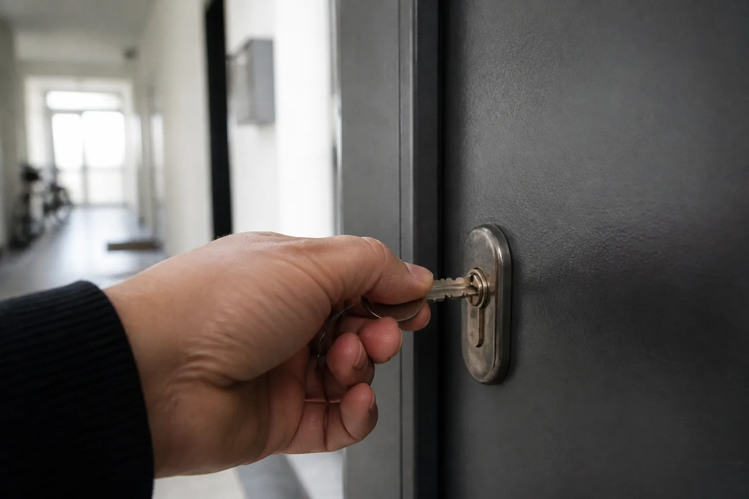 Hand führt den Schlüssel in den Profilzylinder einer Wohnungstür — Türöffnung in Jüterbog