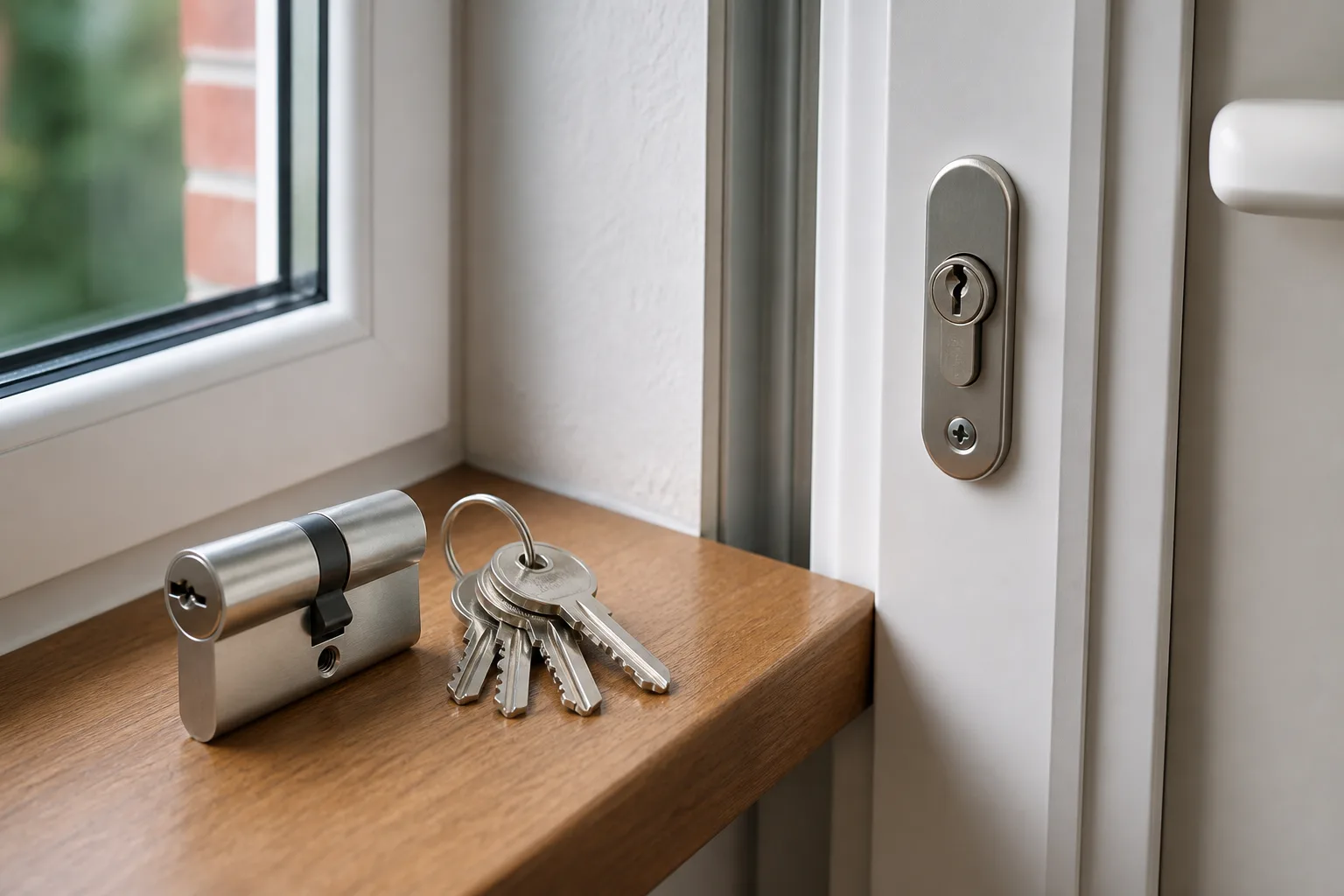 Neuer Profilzylinder und Schlüssel auf der Fensterbank — Schlosswechsel in Jüterbog