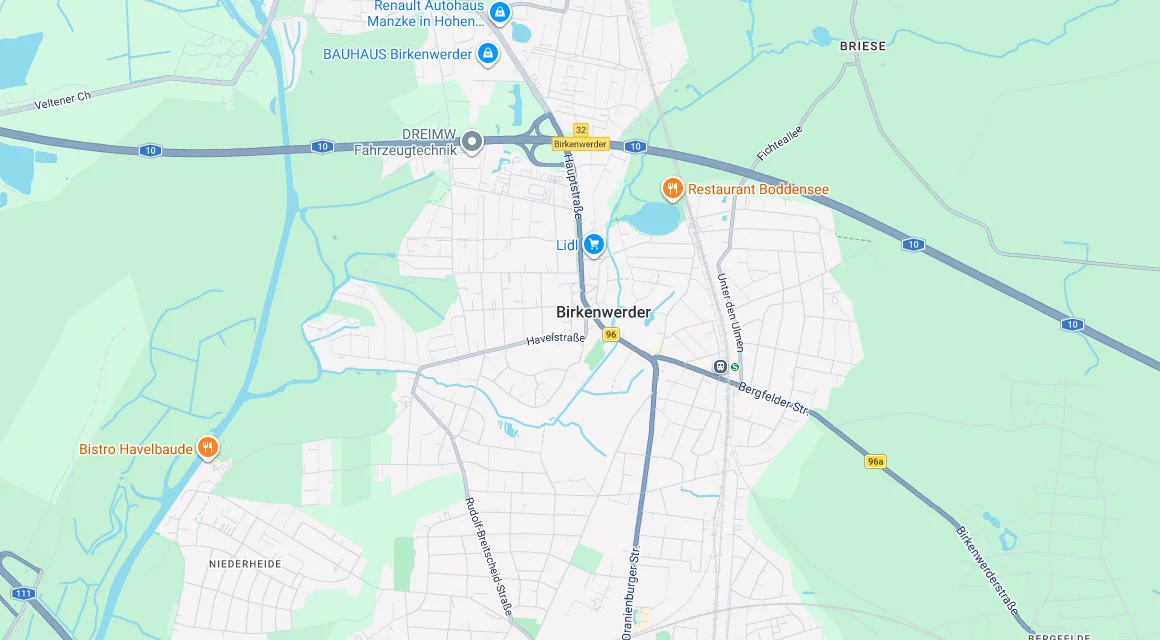 Karte Einsatzgebiet Schlüsseldienst Hillemeyer in Birkenwerder, Brandenburg
