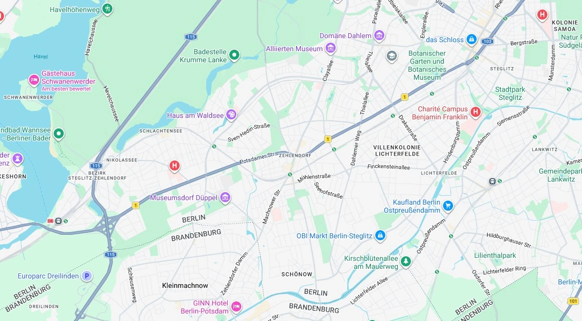 Karte Einsatzgebiet Schlüsseldienst Hillemeyer in Zehlendorf, Berlin