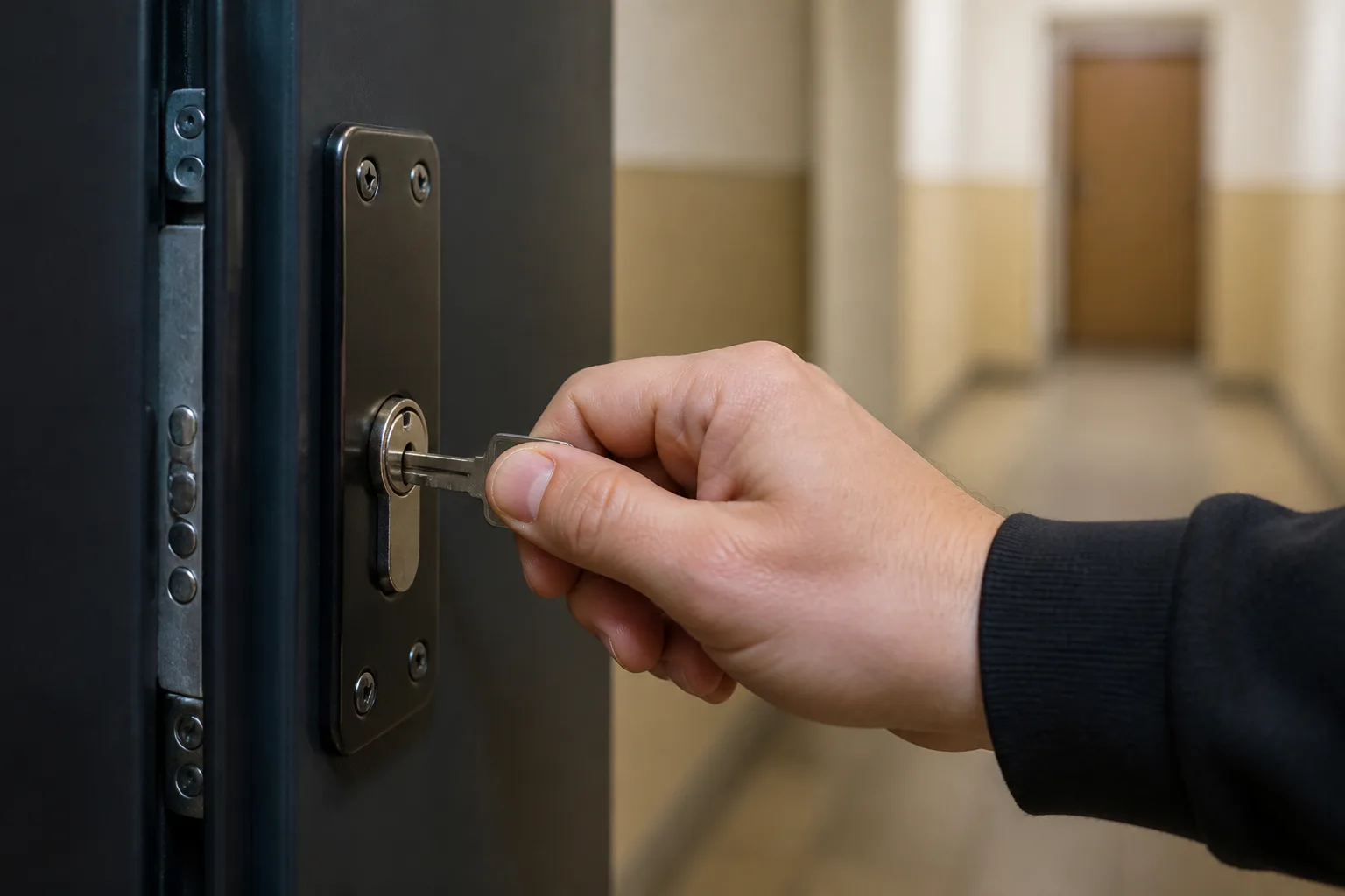 Hand dreht den Schlüssel im Profilzylinder einer Wohnungstür — Schlüsseldienst bei Türöffnung in Luckenwalde