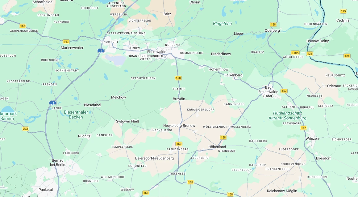 Karte Einsatzgebiet Schlüsseldienst Hillemeyer in Breydin (Trampe, Tuchen-Klobbicke) mit Eberswalde, Falkenberg (Mark), Melchow, Sydower Fließ, Heckelberg-Brunow und Hohenfinow, Landkreis Barnim, Brandenburg