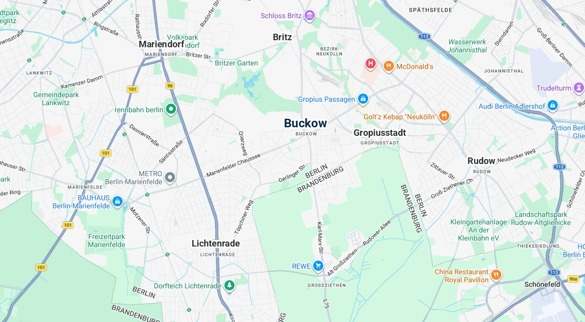 Karte Einsatzgebiet Schlüsseldienst Hillemeyer in Buckow (Berlin), Neukölln, mit Britz, Rudow, Gropiusstadt, Mariendorf und Lichtenrade