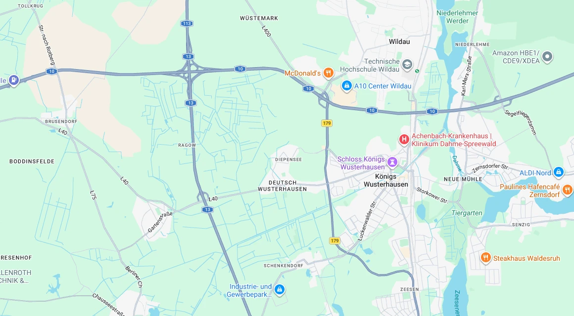 Karte Einsatzgebiet Schlüsseldienst Hillemeyer rund um Diepensee mit Königs Wusterhausen, Deutsch Wusterhausen, Ragow und Wildau, Dahme-Spreewald, Brandenburg