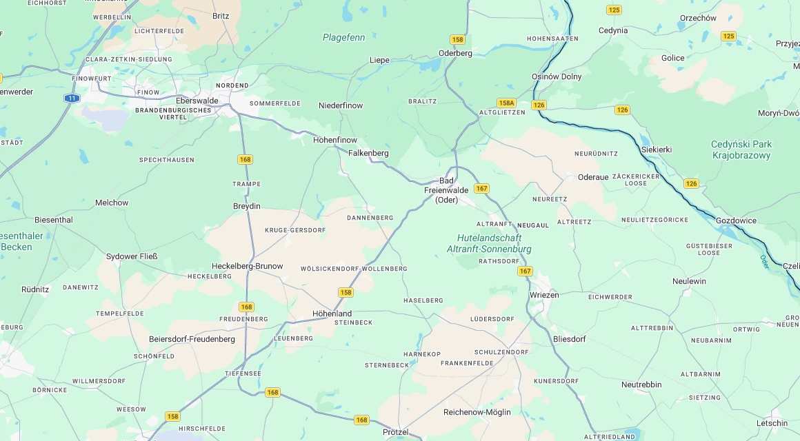 Karte Einsatzgebiet Schlüsseldienst Hillemeyer in Falkenberg (Mark) mit Bad Freienwalde (Oder), Breydin, Heckelberg-Brunow, Hohenfinow, Höhenland, Niederfinow und Wriezen, Landkreis Märkisch-Oderland, Brandenburg