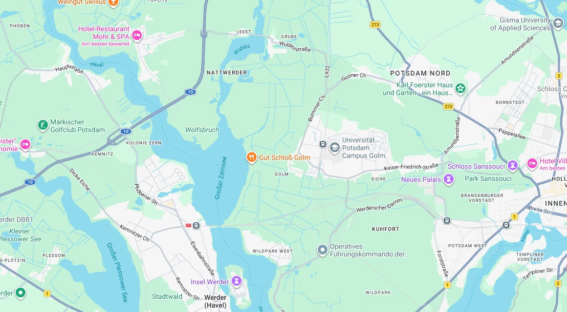 Karte Einsatzgebiet Schlüsseldienst Hillemeyer rund um Golm mit Eiche, Grube, Nattwerder und Werder (Havel), Potsdam, Brandenburg