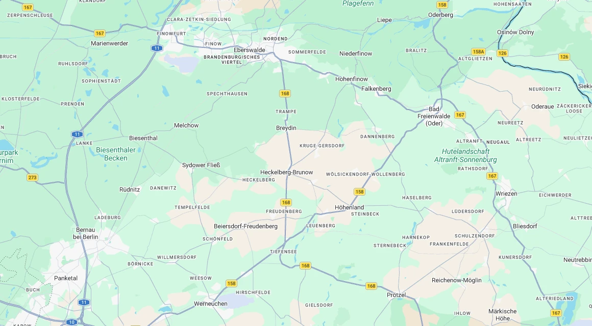 Karte Einsatzgebiet Schlüsseldienst Hillemeyer in Heckelberg-Brunow mit Beiersdorf-Freudenberg, Höhenland, Sydower Fließ, Breydin und Falkenberg (Mark), Landkreis Märkisch-Oderland, Brandenburg