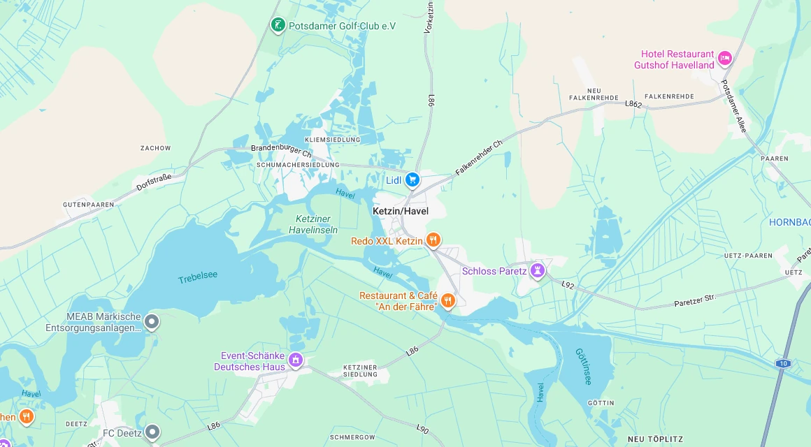 Karte Einsatzgebiet Schlüsseldienst Hillemeyer rund um Ketzin/Havel mit Paretz, Zachow, Falkenrehde und Deetz, Havelland, Brandenburg