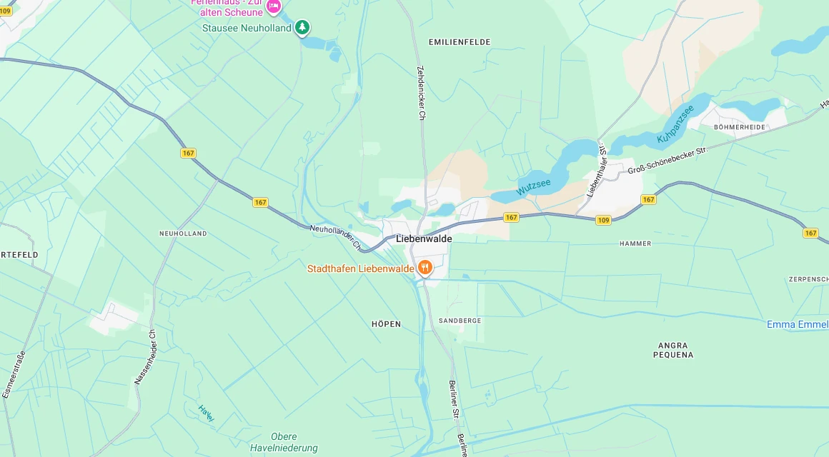 Karte Einsatzgebiet Schlüsseldienst Hillemeyer rund um Liebenwalde mit Neuholland, Hammer, Höpen und Böhmerheide, Oberhavel, Brandenburg