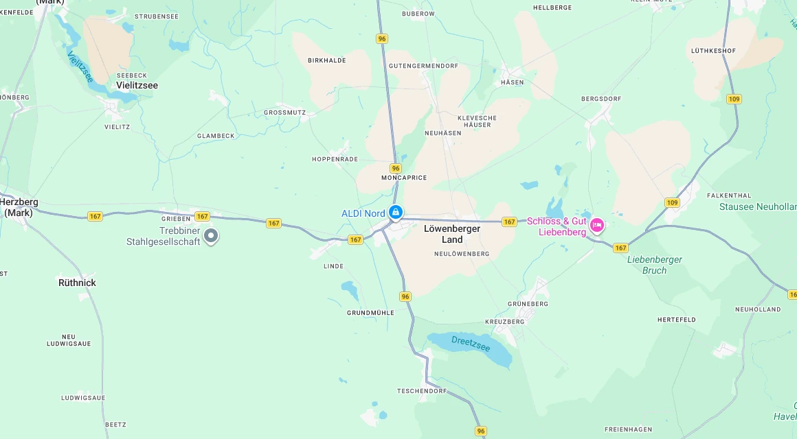 Karte Einsatzgebiet Schlüsseldienst Hillemeyer rund um das Löwenberger Land mit Neulöwenberg, Grüneberg, Liebenberg und Teschendorf, Oberhavel, Brandenburg