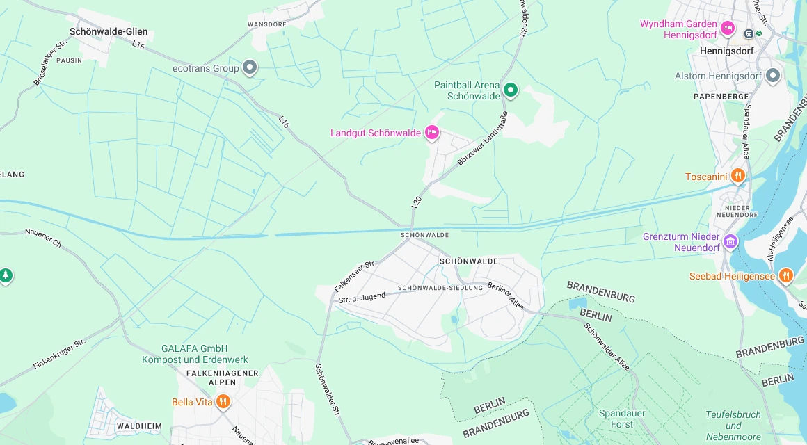 Karte Einsatzgebiet Schlüsseldienst Hillemeyer rund um Schönwalde-Glien mit Wansdorf, Pausin, Nieder Neuendorf und Hennigsdorf, Havelland, Brandenburg