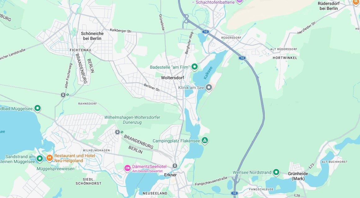 Karte Einsatzgebiet Schlüsseldienst Hillemeyer rund um Woltersdorf mit Erkner, Rüdersdorf, Schöneiche bei Berlin und Berlin-Rahnsdorf, Oder-Spree, Brandenburg
