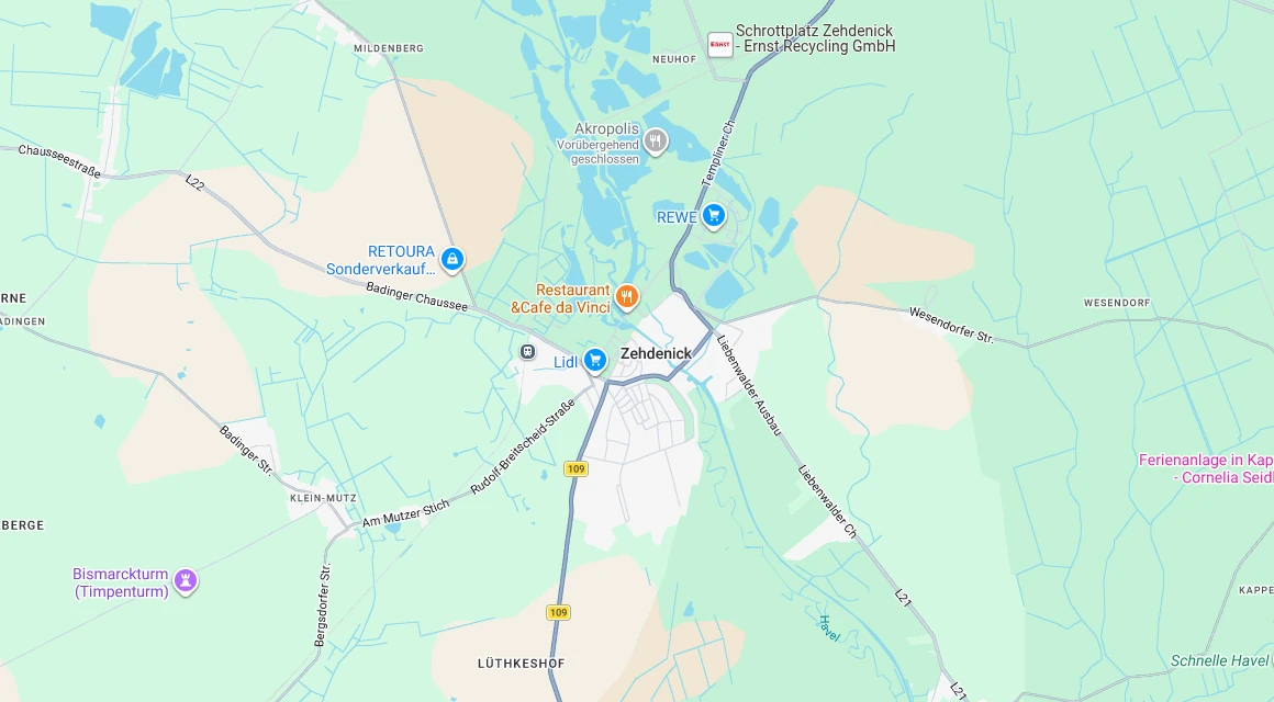 Karte Einsatzgebiet Schlüsseldienst Hillemeyer rund um Zehdenick mit Neuhof, Mildenberg, Klein-Mutz und Wesendorf, Oberhavel, Brandenburg