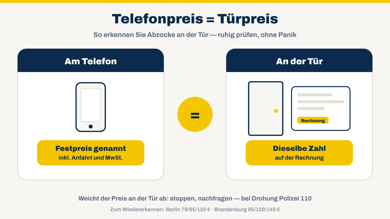 Schlüsseldienst-Abzocke erkennen: Telefonpreis gleich Türpreis – Festpreis am Telefon, dieselbe Zahl auf der Rechnung an der Tür, Warnsignale bei Abweichung